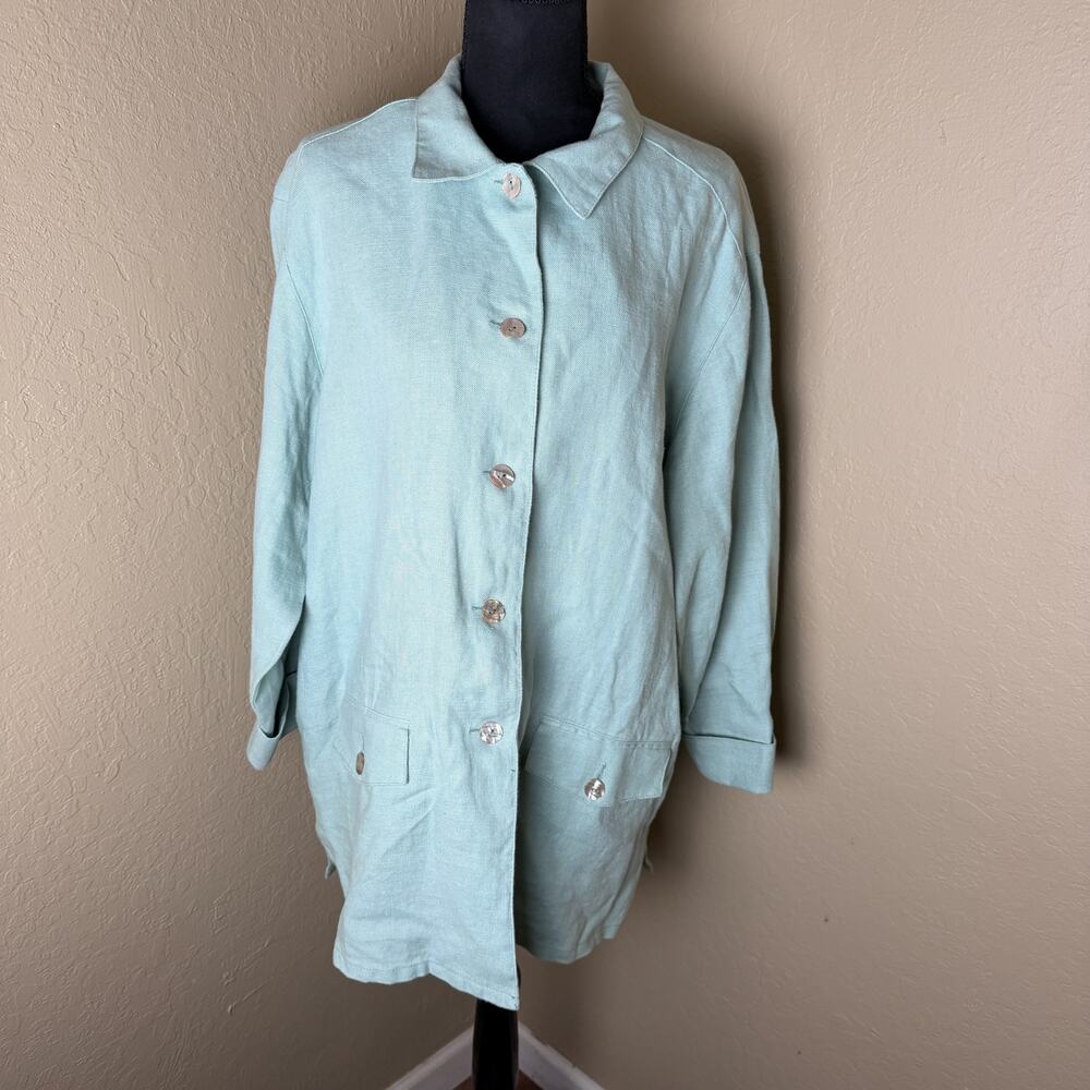 Karen Kane Women's L Aqua Green 100% Linen Button Front Lightweight Jacket